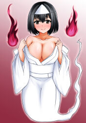 Rule 34 | 1girl, absurdres, black hair, blush, breasts, brown eyes, cleavage, commission, full body, ghost, ghost tail, gradient background, haguro (kancolle), highres, hitodama, kamiya tadato, kantai collection, large breasts, looking at viewer, pink background, pixiv commission, short hair, simple background, solo, triangular headpiece