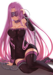 Rule 34 | 1girl, bad id, bad pixiv id, bare shoulders, black footwear, black thighhighs, blindfold, boots, breasts, cleavage, collar, detached sleeves, dress, facial mark, fate/hollow ataraxia, fate/stay night, fate (series), forehead mark, garutaisa, highres, large breasts, long hair, medusa (fate), medusa (rider) (fate), nameless dagger (fate), purple hair, solo, thigh boots, thighhighs, very long hair, zettai ryouiki