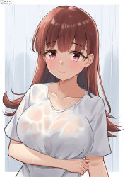 Rule 34 | 1girl, blush, brown eyes, brown hair, curtains, dated, highres, indoors, kantai collection, long hair, looking at viewer, ooi (kancolle), shiromaru (maniado), shirt, short sleeves, smile, twitter username, upper body, wet, wet clothes, wet shirt
