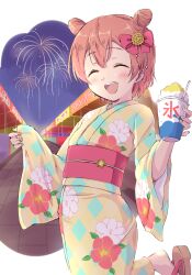 Rule 34 | 1girl, :d, ^ ^, aerial fireworks, blush, bow, brown footwear, brown hair, brown kimono, closed eyes, cup, disposable cup, double bun, facing viewer, fireworks, floral print, food, hair between eyes, hair bow, hair bun, highres, holding, holding cup, hoshizora rin, japanese clothes, kimono, long sleeves, love live!, love live! school idol project, market stall, night, night sky, obi, open mouth, pinching sleeves, pink bow, print kimono, sandals, sash, sen (sen0910), shaved ice, short hair, sky, sleeves past wrists, smile, solo, spoon, standing, standing on one leg, wide sleeves, zouri