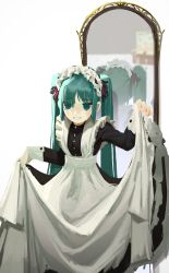 Rule 34 | 1boy, 1girl, absurdres, aqua eyes, aqua hair, armchair, blue eyes, blurry, chair, clenched teeth, commentary, depth of field, english commentary, feet out of frame, hair ornament, hair over one eye, hatsune miku, highres, holding, holding clothes, holding skirt, long hair, long skirt, long sleeves, looking at viewer, maid, maid headdress, mirror, reflection, sidelocks, simple background, sitting, skirt, smile, sponge, spongebob squarepants, spongebob squarepants (series), standing, teeth, topdylan, twintails, very long hair, vocaloid, white background