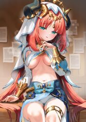Rule 34 | 1girl, absurdres, aqua eyes, breasts, brooch, circlet, clothes lift, commentary request, fake horns, genshin impact, harem outfit, highres, horns, itohana, jewelry, long hair, looking at viewer, medium breasts, midriff, navel, nilou (genshin impact), no bra, open mouth, paper, parted lips, sitting, solo, stomach, sweat, veil