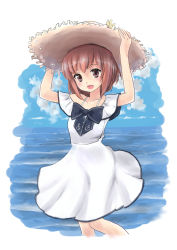 Rule 34 | 1girl, adjusting clothes, adjusting headwear, beach, blue ribbon, blue sky, brown eyes, brown hair, cloud, collarbone, day, dress, hair between eyes, hat, kantai collection, kitagawa mikio, neckerchief, ocean, open mouth, outdoors, ribbon, short hair, sky, solo, sun hat, sundress, water, white dress, yukikaze (kancolle)