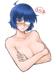 Rule 34 | 00s, 1girl, ahoge, bare shoulders, blue eyes, blue hair, blunt bangs, blush, breast hold, breasts, cleavage, collarbone, colored eyelashes, crossed arms, durandal (kei), eyepatch, frown, ikkitousen, large breasts, looking at viewer, matching hair/eyes, mole, mole under mouth, ryomou shimei, short hair, shy, simple background, solo, upper body, white background