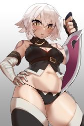 Rule 34 | 1girl, abigbrother, alternate breast size, artist name, bandaged arm, bandages, black panties, black shirt, black thighhighs, breasts, fate/apocrypha, fate/grand order, fate (series), green eyes, hand on own hip, highres, holding, holding knife, jack the ripper (fate/apocrypha), knife, looking at viewer, medium breasts, navel, panties, scar, scar on face, shirt, short hair, shoulder tattoo, stomach, tattoo, thick thighs, thighhighs, thighs, tttoo, underwear, white hair, wide hips