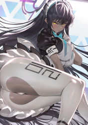 Rule 34 | 1girl, absurdres, ahoge, apron, ass, black dress, black hair, blue archive, blue bow, blue bowtie, blush, bow, bowtie, breasts, clothing cutout, crotch cutout, dark-skinned female, dark skin, dress, feet out of frame, gloves, halo, hand on own chest, heart cutout, highres, karin (blue archive), large breasts, long hair, looking at viewer, lying, maid, maid headdress, on side, panties, pantyhose, parted lips, puffy short sleeves, puffy sleeves, sapysha, short sleeves, solo, torn clothes, torn pantyhose, underwear, upskirt, very long hair, white apron, white gloves, white panties, white pantyhose, yellow eyes