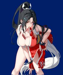 Rule 34 | 1girl, bare shoulders, between breasts, black hair, blue background, breasts, cleavage, fatal fury, fenglansishui, hand fan, highres, large breasts, long hair, ninja, pelvic curtain, shiranui mai, sleeveless, the king of fighters