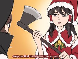 Rule 34 | 2girls, alternate costume, ascot, axe, bell, black eyes, black hair, bow, brown eyes, brown hair, christmas, commentary, detached sleeves, english commentary, english text, expressionless, fingernails, frilled shirt collar, frills, fur trim, hair bow, hair tubes, hakurei reimu, hat, holding, holding axe, jingle bell, medium hair, mefomefo, multiple girls, no headwear, open mouth, puffy short sleeves, puffy sleeves, red bow, red headwear, red vest, rimless eyewear, santa hat, short hair, short sleeves, sidelocks, standing, subtitled, touhou, usami sumireko, vest, white sleeves, wide sleeves