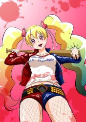 Rule 34 | 1girl, :d, asymmetrical clothes, baseball bat, belt, blonde hair, blood, blood splatter, blue jacket, blue shorts, blush, breasts, collarbone, cosplay, cowboy shot, cure peach, dc comics, fishnet pantyhose, fishnets, floating hair, fresh precure!, from below, fuchi (nightmare), gradient background, gradient hair, hair between eyes, hair ornament, harley quinn, harley quinn (cosplay), heart, heart hair ornament, holding, jacket, long hair, looking at viewer, looking down, medium breasts, momozono love, multicolored clothes, multicolored hair, multicolored jacket, open clothes, open jacket, open mouth, pantyhose, pink background, precure, print shirt, red eyes, red jacket, red shorts, shirt, short shorts, shorts, sketch, smile, solo, standing, suicide squad, tongue, tongue out, two-tone jacket, two-tone shorts, very long hair, white shirt