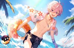Rule 34 | 1boy, absurdres, artist name, beach, bishounen, blue sky, highres, jewelry, kiyukumaa, male focus, necklace, open clothes, open shirt, outdoors, purple eyes, shirt, short hair, shorts, shoto (vtuber), sky, smile, solo, tagme, toned, toned male, virtual youtuber, white hair