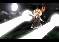 Rule 34 | 1girl, :d, blonde hair, blouse, darkness, fang, frilled skirt, frills, gibbous moon, hand up, highres, laser, letterboxed, moon, mousoumousoumousou, night, open hand, open mouth, red eyes, rumia, shirt, short hair, skirt, sky, smile, star (sky), starry sky, touhou, vest