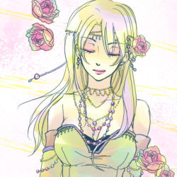 Rule 34 | 1990s (style), 1girl, blonde hair, breasts, celes chere, closed eyes, detached sleeves, female focus, final fantasy, final fantasy vi, flower, gradient background, hair ornament, jewelry, long hair, lowres, lxc, necklace, retro artstyle, solo, tiara, white background