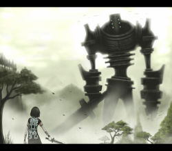 Rule 34 | 1boy, black hair, commentary request, day, facing away, from behind, gia, giant, holding, holding sword, holding weapon, letterboxed, male focus, outdoors, shadow of the colossus, shirt, solo, standing, sword, tree, wander (shadow of the colossus), weapon