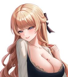 Rule 34 | 1girl, absurdres, blonde hair, bra, bra peek, breasts, cleavage, collarbone, commentary, dongtan dress, dress, english commentary, food, genshin impact, grey dress, head tilt, highres, holding, holding food, large breasts, long hair, long sleeves, looking at viewer, meme attire, navia (genshin impact), open mouth, rang g c, smile, solo, taut clothes, taut dress, underwear, upper body, white background
