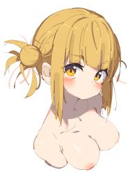 Rule 34 | 1girl, :/, absurdres, blonde hair, blunt bangs, blush, boku no hero academia, breasts, cleavage, closed mouth, collarbone, commentary, cropped torso, double bun, eyes visible through hair, hair bun, highres, large breasts, looking at viewer, messy hair, nipples, puffy nipples, rasusurasu, short eyebrows, short hair with long locks, sidelocks, simple background, solo, straight hair, toga himiko, upper body, white background, yellow eyes