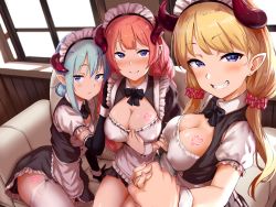 Rule 34 | 3girls, aoi tiduru, apron, black bow, black dress, blonde hair, blue eyes, blue hair, blush, bow, bowtie, breasts, chest tattoo, cleavage, couch, covered erect nipples, demon girl, demon horns, dress, frills, grin, hair bun, heart, heart tattoo, highres, holding hands, horns, large breasts, long hair, looking at viewer, low twintails, maid, maid headdress, multiple girls, non-web source, orange hair, original, pointy ears, puffy short sleeves, puffy sleeves, short sleeves, single hair bun, sitting, slit pupils, smile, tattoo, twintails, waist apron, white legwear, window, wrist cuffs