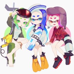 Rule 34 | 3girls, absurdres, barefoot, black footwear, black shorts, blue eyes, blue hair, brown headwear, full body, goggles, goggles on head, green eyes, green jacket, hand up, hat, highres, holding, holding water gun, inkling, inkling girl, inkling player character, jacket, looking at viewer, multiple girls, nintendo, octoling, octoling girl, octoling player character, open mouth, pink hair, pointy ears, red eyes, red jacket, sahata saba, sailor hat, shirt, short shorts, shorts, sitting, smile, splatoon (series), tentacle hair, water gun, white background, white shirt
