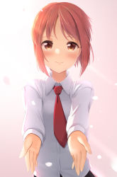 Rule 34 | 1girl, absurdres, apollo (hu maple), backlighting, blouse, breasts, cherry blossoms, collared shirt, dress shirt, foreshortening, glowing, glowing petals, highres, looking at viewer, necktie, parted bangs, petals, reaching, reaching towards viewer, red hair, red necktie, sakuramusubi, self-upload, shirt, small breasts, solo, standing, white shirt