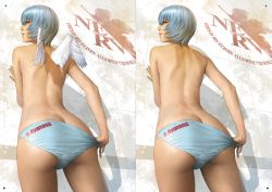 Rule 34 | 1girl, angel, ass, ayanami rei, back, blue hair, blue panties, butt crack, character name, closed mouth, cowboy shot, feathered wings, female focus, from below, looking at viewer, looking back, looking down, mini wings, multiple views, neon genesis evangelion, nerv, panties, panties only, panty pull, profile, pulling own clothes, realistic, red eyes, short hair, topless, underwear, underwear only, watanabe yasuaki, white wings, wings