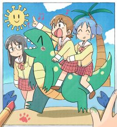Rule 34 | 3girls, ^ ^, aioi yuuko, beach, black eyes, black hair, blue eyes, blue hair, blue sky, blush, brown hair, closed eyes, closed mouth, cloud, day, dinosaur, facing another, grin, looking at another, minakami mai, multiple girls, naganohara mio, nichijou, open mouth, palm tree, parted lips, school uniform, serafuku, shark, short hair, short twintails, sky, smile, teeth, tokisadame school uniform, tree, tsubobot, twintails, v
