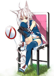 Rule 34 | 1girl, ahoge, animal ear fluff, animal ears, blue thighhighs, chair, detached sleeves, feet on chair, full body, grass, hugging own legs, knee up, koba, leg up, long hair, looking at viewer, navel, no entry sign, no symbol, open mouth, original, purple eyes, road closed to vehicles sign, road sign, shoes, sign, simple background, sitting, sneakers, solo, thighhighs, very long hair, white background, white footwear, white hair, wolf ears