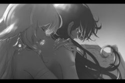 Rule 34 | 2girls, closed eyes, closed mouth, commentary, earrings, english commentary, genshin impact, greyscale, hand on another&#039;s hand, hand on another&#039;s shoulder, highres, hug, hug from behind, jewelry, ker0nit0, letterboxed, long hair, mole, mole under eye, monochrome, multiple girls, nude, raiden shogun, smile, unfinished, upper body, yae miko, yuri