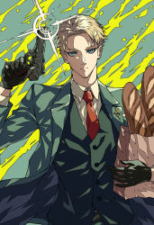 Rule 34 | 1boy, absurdres, bag, black gloves, blonde hair, blue eyes, bread, collared shirt, commentary, food, formal, gloves, green jacket, groceries, grocery bag, gun, highres, holding, holding gun, holding weapon, jacket, ligne claire, looking at viewer, male focus, necktie, red necktie, shirt, shokikanes, shopping bag, short hair, solo, spy x family, suit, trigger discipline, twilight (spy x family), weapon, white shirt