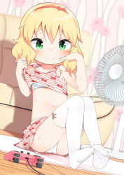 Rule 34 | 1girl, absurdres, bad id, bad pixiv id, bare arms, bare shoulders, blonde hair, blush, bra, camisole, collarbone, controller, dutch angle, electric fan, game controller, green eyes, hair between eyes, hairband, hands up, heart, highres, idolmaster, idolmaster cinderella girls, indoors, looking at viewer, navel, no shoes, noria, on floor, panties, parted lips, red hairband, sakurai momoka, skirt, solo, striped camisole, striped clothes, striped skirt, sweat, thighhighs, underwear, white bra, white panties, white thighhighs, wooden floor