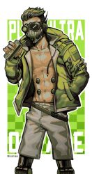 Rule 34 | 1boy, abs, absurdres, apex legends, bare pectorals, bsapricot, can, commentary, drawstring, english commentary, goggles, green hair, green jacket, grey shorts, hair slicked back, hand in pocket, highres, holding, holding can, jacket, leaning forward, male focus, mask, mechanical legs, mouth mask, octane (apex legends), pectorals, shorts, solo, undercut