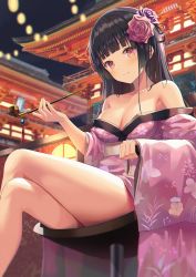 Rule 34 | 1girl, architecture, backlighting, bare shoulders, black hair, blunt bangs, blush, breasts, cleavage, closed mouth, collarbone, crossed legs, east asian architecture, feet out of frame, floral print, flower, hair flower, hair ornament, highres, hime cut, hyonee, japanese clothes, kimono, long hair, long sleeves, looking at viewer, medium breasts, night, off shoulder, original, outdoors, pagoda, pink eyes, pink kimono, print kimono, purple flower, purple rose, rose, sitting, smile, smoking pipe, solo, thighs, very long hair, wide sleeves