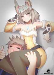 Rule 34 | 1boy, 1girl, :3, absurdres, animal ears, arm behind head, blush, brown hair, cat ears, chest jewel, core crystal (xenoblade), detached sleeves, ear covers, facial mark, grey hair, head between thighs, highres, husband and wife, nia (xenoblade), pantyhose, rex (xenoblade), scar, scar across eye, scissorhold, sitting, smile, smug, thigh grab, thumbs up, whisker markings, xenoblade chronicles (series), xenoblade chronicles 3, xenoblade chronicles 3: future redeemed, zambonito