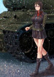 Rule 34 | 1girl, arm behind back, black footwear, black hair, black skirt, black vest, blue eyes, blurry, blurry background, boots, brass knuckles, closed mouth, girls und panzer, green jacket, highres, jacket, long hair, long sleeves, looking at viewer, military, military uniform, military vehicle, miniskirt, motor vehicle, nonna (girls und panzer), outdoors, pleated skirt, pravda military uniform, red shirt, shirt, skirt, smile, snowing, solo, standing, t-34, tank, tigern (tigern28502735), turtleneck, uniform, vest, walking, weapon