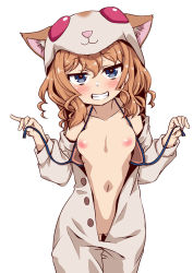 Rule 34 | 1girl, amakawa ginga, animal costume, bare pectorals, bare shoulders, blue eyes, bra, breasts, commentary, grin, hamster costume, high school fleet, highres, light brown hair, looking at viewer, navel, nipples, no panties, open bra, pectorals, pussy, red hair, removing bra, seductive smile, simple background, small breasts, smile, smug, solo, underwear, undressing, white background, yanagiwara maron