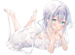 Rule 34 | 1girl, amedamacon, backless dress, backless outfit, barefoot, blue eyes, blush, breasts, cleavage, commentary request, dress, frilled dress, frills, full body, grey hair, hair between eyes, hands up, highres, legs up, long hair, looking at viewer, lying, medium breasts, off-shoulder dress, off shoulder, on stomach, original, simple background, smile, soles, solo, white background, white dress