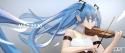 Rule 34 | 1girl, absurdly long hair, absurdres, anniversary, aqua eyes, aqua hair, artist name, artist request, bare shoulders, blue eyes, blue hair, blue nail polish, blue nails, breasts, collarbone, dress, closed eyes, female focus, fumeng0, hatsune miku, highres, holding, holding instrument, instrument, long hair, nail, nail polish, small breasts, solo, twintails, upper body, very long hair, violin, vocaloid, white dress, wing collar