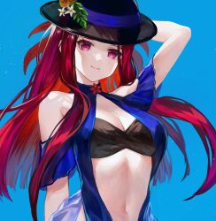 Rule 34 | 1girl, bare shoulders, black hat, blue one-piece swimsuit, breasts, cleavage, clothing cutout, fire emblem, fire emblem engage, fire emblem heroes, hat, highres, ivy (fire emblem), ivy (summer) (fire emblem), jurge, long hair, looking at viewer, medium breasts, mole, mole under mouth, navel, nintendo, official alternate costume, one-piece swimsuit, purple eyes, purple hair, smile, solo, stomach, stomach cutout, swimsuit