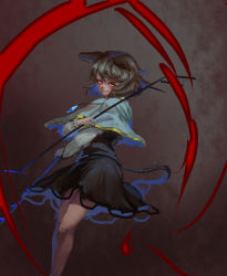 Rule 34 | 1girl, animal ears, black skirt, black vest, blue capelet, capelet, feet out of frame, grey hair, holding, holding staff, inishie kumo, looking at viewer, medium hair, mouse ears, mouse tail, nazrin, red eyes, skirt, smile, solo, staff, standing, tail, touhou, vest