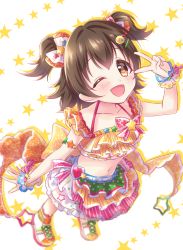 Rule 34 | 10s, 1girl, akagi miria, anoa, bad id, bad pixiv id, black hair, blurry, blush, brown eyes, depth of field, dress, full body, hair ornament, hairclip, idolmaster, idolmaster cinderella girls, idolmaster cinderella girls starlight stage, looking at viewer, midriff, navel, one eye closed, open mouth, short hair, smile, solo, star (symbol), twintails, two side up, v
