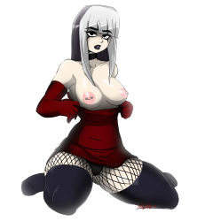 Rule 34 | 1girl, absurdres, bare shoulders, black hair, black panties, black thighhighs, blunt bangs, breasts, clothes pull, crimson (total drama), dress, dress pull, elbow gloves, fishnets, fishywishy, full body, gloves, goth fashion, grey hair, highres, large breasts, multicolored hair, nipple piercing, nipples, panties, parted lips, piercing, red dress, red gloves, shadow, signature, simple background, sitting, solo, thighhighs, total drama, two-tone hair, underwear, white background