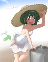 Rule 34 | 00s, 1girl, arm support, arrow (symbol), bad id, bad pixiv id, bottomless, clothes lift, day, dress, dress lift, fang, green hair, hairband, hat, idolmaster, idolmaster (classic), kotatsu (kotatsu3), mole, mole under mouth, open mouth, orange eyes, otonashi kotori, see-through, short hair, solo, straw hat, sundress, wind, wind lift, aged down