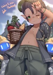 Rule 34 | 1boy, ;), arm up, basket, black hair, black jacket, blue sky, blurry, blurry background, closed mouth, cloud, cloudy sky, collarbone, commentary request, commission, corn, cucumber, dark-skinned male, dark skin, day, demimushi, depth of field, final fantasy, final fantasy xiv, food request, green eyes, grey pants, highres, holding, holding basket, jacket, lalafell, looking at viewer, male focus, navel, one eye closed, open clothes, open jacket, outdoors, pants, pointy ears, short sleeves, signature, skeb commission, sky, smile, solo, sweat, thank you