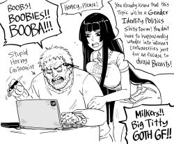Rule 34 | 1boy, absurdres, angry, artist self-insert, bb (baalbuddy), bent over, black hair, bloodshot eyes, blunt bangs, blunt ends, breast press, breasts, clothes writing, commentary, computer, crop top, cropped legs, d:, denim, drawing tablet, drooling, english text, facial hair, flying sweatdrops, furrowed brow, greyscale, hand on another&#039;s arm, highres, hime cut, hime cut wife (baalbuddy), jeans, laptop, large breasts, light blush, long sleeves, looking at object, messy hair, midriff, monochrome, open mouth, original, pants, pencil behind ear, politics, short hair, short sleeves, shouting, simple background, sitting, speech bubble, stubble, stylus, sweat, sweater, tablet, touching another&#039;s back, trembling, white background