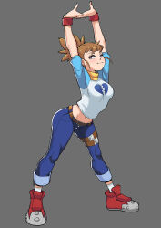 Rule 34 | 1girl, absurdres, arms up, blue pants, boots, breasts, brown eyes, brown hair, cammy stretch (meme), closed mouth, digimon, digimon tamers, full body, gez1313, grey background, highres, large breasts, makino ruki, matching hair/eyes, midriff, navel, pants, red footwear, shirt, short hair, short ponytail, short sleeves, simple background, socks, solo, standing, street fighter, street fighter 6, stretching, white shirt, white socks