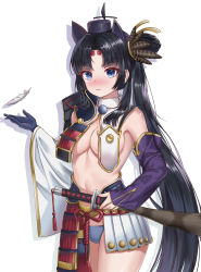 Rule 34 | $hu, 1girl, absurdres, armor, asymmetrical sleeves, bare shoulders, black hair, black hat, blue eyes, blue hair, blue panties, blush, breast curtains, breasts, circlet, cleavage, closed mouth, cowboy shot, detached sleeves, fate/grand order, fate (series), feather hair ornament, feathers, frown, gloves, hair ornament, hat, highres, japanese armor, kusazuri, long hair, long sleeves, looking at viewer, medium breasts, mismatched sleeves, nose blush, panties, parted bangs, ponytail, red ribbon, revealing clothes, ribbon, sheath, sheathed, sidelocks, simple background, single glove, solo, sword, tassel, underwear, ushiwakamaru (fate), very long hair, weapon, white background