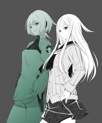 Rule 34 | 1girl, absurdres, age progression, grey background, highres, ishiyumi, jacket, konami kirie, long hair, looking at viewer, monochrome, multiple views, parted bangs, parted lips, sailor collar, short shorts, shorts, sidelocks, smile, spot color, world trigger