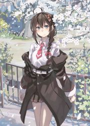 Rule 34 | 1girl, ahoge, black coat, black skirt, blue eyes, blush, braid, brown hair, buttons, cherry blossoms, closed mouth, coat, collared shirt, hair between eyes, hair flaps, highres, kantai collection, long hair, long sleeves, necktie, official alternate costume, pleated skirt, red necktie, shigure (kancolle), shigure kai ni (kancolle), shirt, single braid, skirt, smile, solo, sugue tettou, twitter username, white shirt