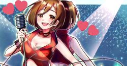 Rule 34 | 2girls, back-to-back, black bra, bra, breasts, brown eyes, brown hair, cable, collar, crop top, dual persona, heart, holding, holding microphone stand, ka ice ha, looking at viewer, medium breasts, meiko (vocaloid), meiko (vocaloid3), microphone, microphone stand, midriff, multiple girls, open mouth, red collar, red shirt, shirt, short hair, smile, spotlight, underwear, upper body, vocaloid