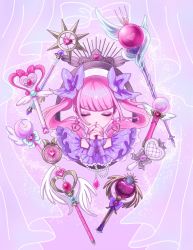 Rule 34 | 1girl, blunt bangs, bow, chain, closed eyes, curtains, earrings, eyeshadow, frilled skirt, frills, heart, highres, jewelry, long hair, makeup, mirror, original, pink hair, praying, purple bow, skirt, solo, stick, transparent, twintails, usagiboshi shizuka, wand, wind, wings