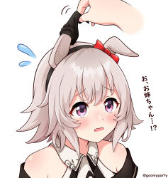 Rule 34 | 2girls, absurdres, animal ears, bare shoulders, black hairband, black jacket, blush, bow, collared dress, curren chan (umamusume), disembodied hand, dress, ear bow, ear covers, ears through headwear, flying sweatdrops, goom (goomyparty), grey hair, hair between eyes, hairband, highres, horse ears, jacket, multiple girls, off-shoulder jacket, off shoulder, parted lips, purple eyes, red bow, simple background, sleeveless, sleeveless dress, solo focus, striped clothes, striped dress, translated, umamusume, upper body, vertical-striped clothes, vertical-striped dress, white background