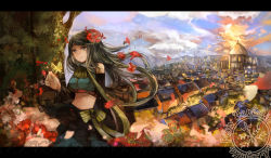 Rule 34 | 1girl, :/, bad id, bad pixiv id, braid, breasts, bug, building, butterfly, city, flower, green eyes, green hair, hair flower, hair ornament, insect, letterboxed, long hair, matching hair/eyes, medium breasts, midriff, petals, pixiv fantasia, pixiv fantasia sword regalia, plant, solo, vima